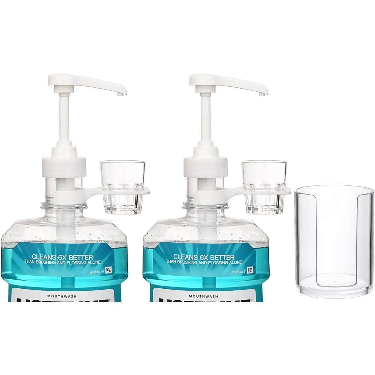 Dispenser Pumps for 1 or 1.5 Liter Mouthwash Bottles with Cup Holders, Resuable Cups and Clear Plastic Paper Cup Dispenser - Fits Original, Zero Alcohol, Cool Mint, etc