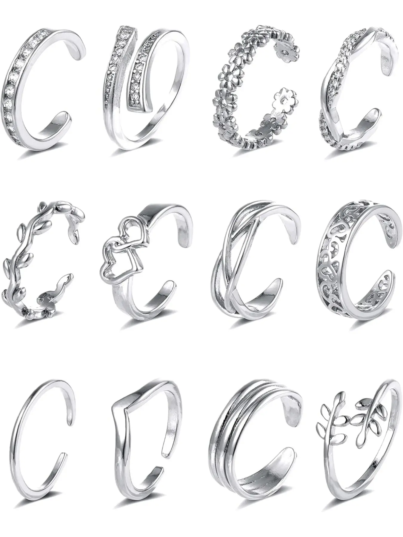 12 Pcs Foot Chain Rings, Cz Daisy Leaf Heart Knot Open Tail, Beach Foot Jewelry Set, Unisex, Silver Color, Faux Pearls, Zircon Setting
