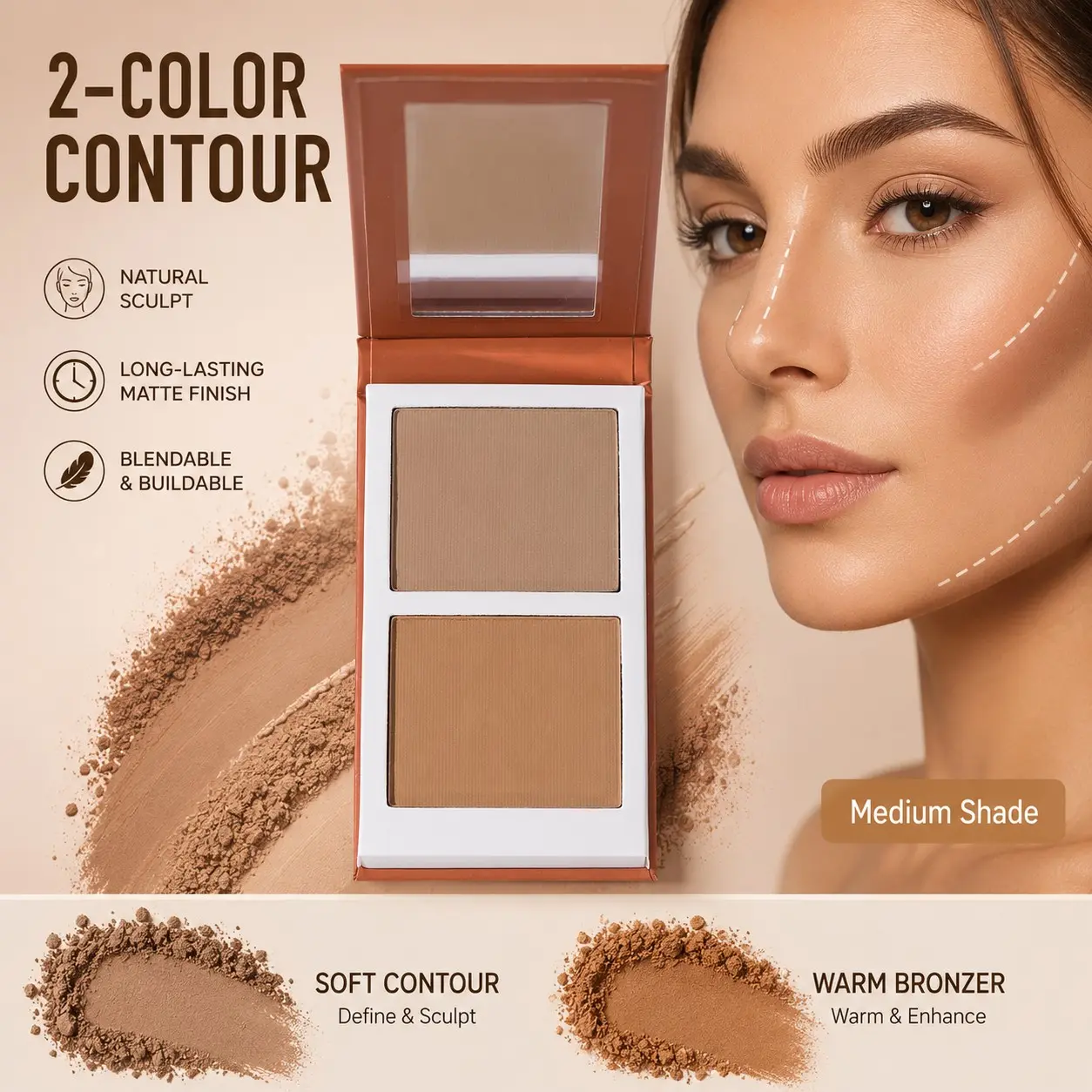 2-Color Contour Palette, Matte Bronzer Pressed Powder, Face Sculpting Makeup, Natural Daily Look, Contouring Essentials