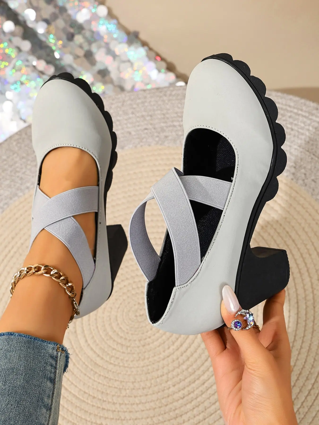 Women's Vintage Cross Strap Mary Jane Shoes, Chunky Heel Thick Sole Platform High Heels, Fashion Elastic Cross Band, Anti-Slip Work Pumps, Three Colors Available