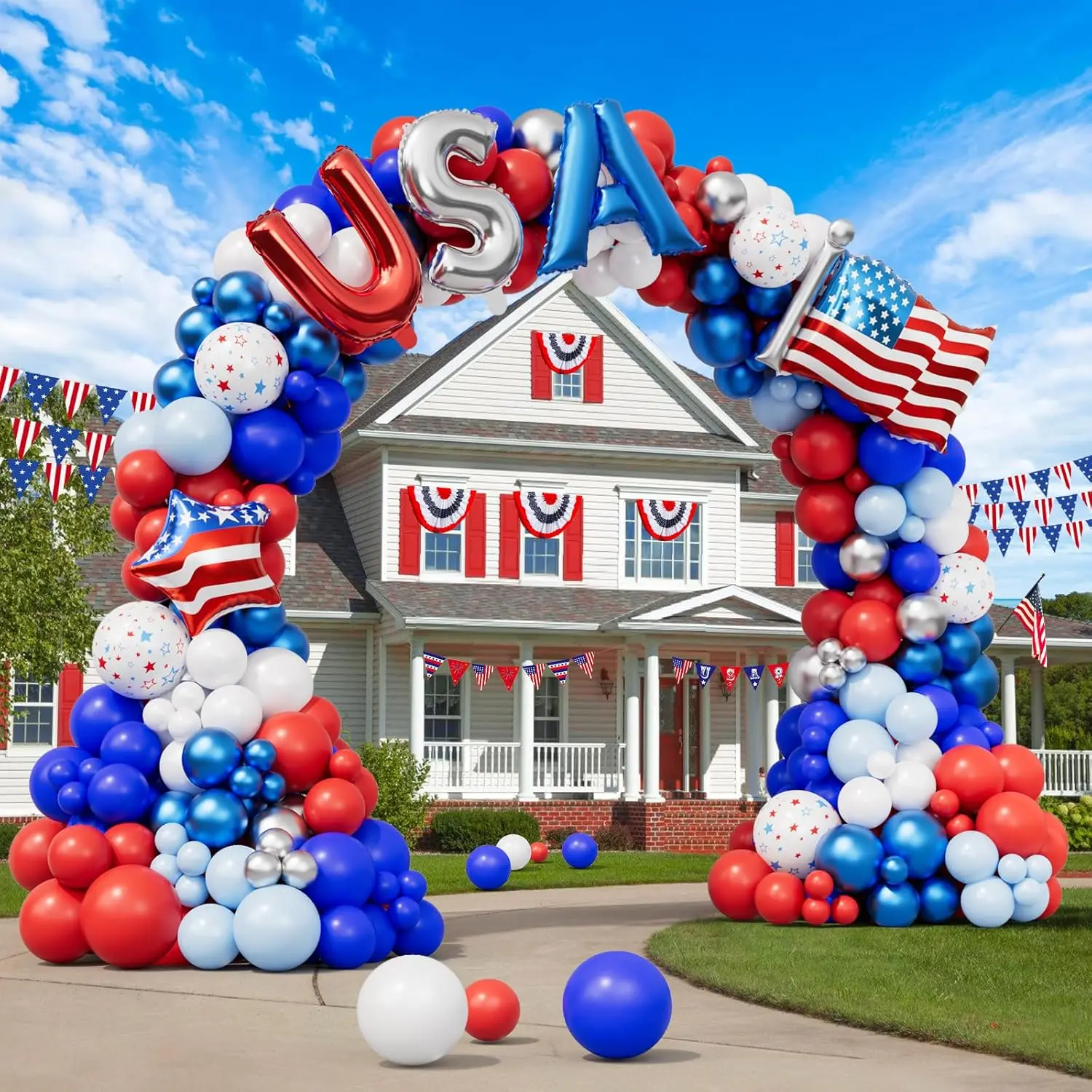 156 count Red White and Blue Balloons Garland Arch Kit with  Flag Foil Balloon, Patriotic Balloons for 4th of July Graduation Birthday Baseball Party Decorations