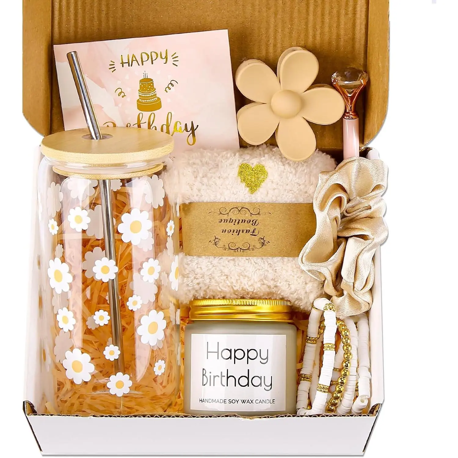 Birthday Gifts for Teen, Cute Inspirational  Daisy Presents Set Ideas for Sister Daughter , Happy Birthday  Basket with Ice Glass Cup for Her (Beige)