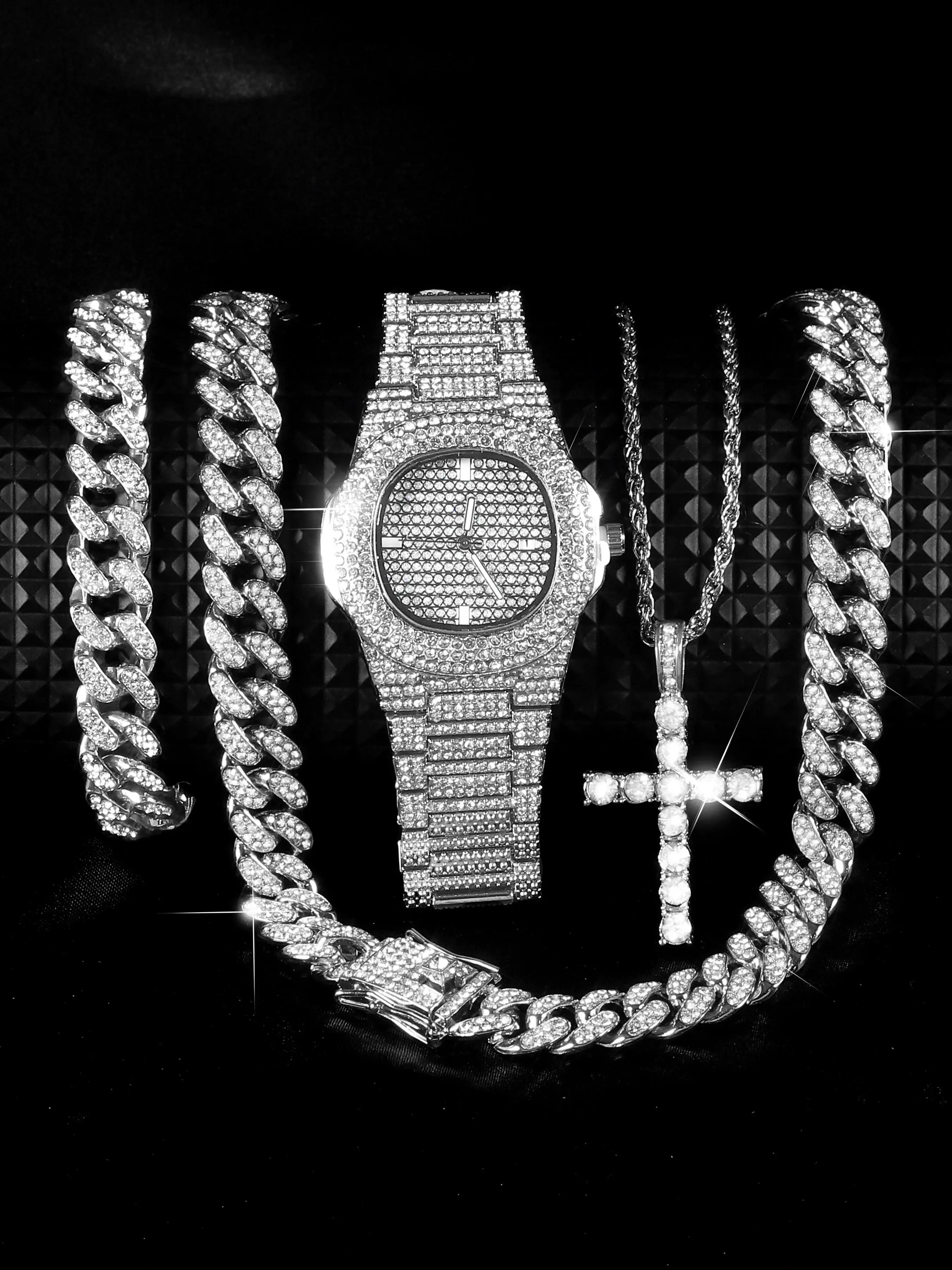 Men's Punk Style Rhinestones Decor Analog Quartz Movement Wristwatch Set, Rhinestone Watches, Bling Watch, Fashion Watch & Cuban Chain Bracelet, Chain & Cross Pendant Necklace, Hip Hop Style Jewelry Set for Party, Daily Decor, Watch Gift Set, with Box