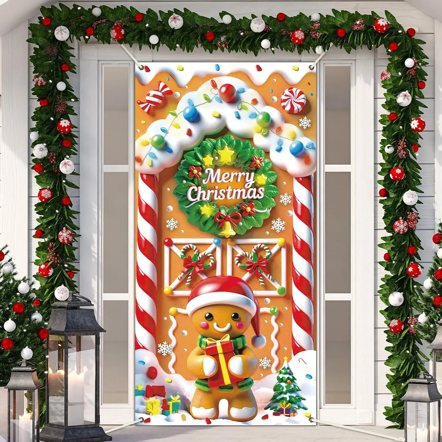 Christmas Gingerbread House Door Cover Decorations Gingerbread House  Banner Candy Cane Wreath Door Banner for Xmas Holiday Candyland  Backdrop Front Doors Decor 71x35 Inch