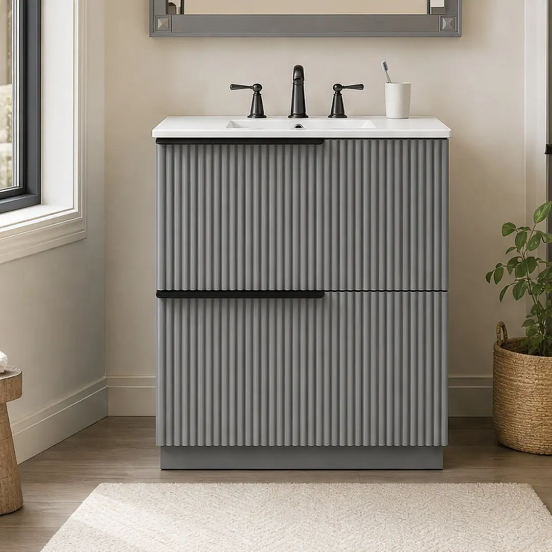 ARCH 30-Inch Gray MDF Freestanding Bathroom Vanity with Ceramic Sink, Soft-Close Full-Extension Drawers, Fluted Design, Floor Cabinet for Bathroom Storage, American Contemporary Lodge Luxury Minimalist Style, Gray Color Options, MDF Material, Bathroom Org