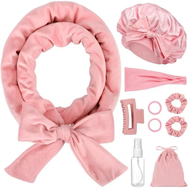 Women's Heatless Hair Curlers Set - 10PCS Overnight Upgraded-Length Rods, Easy-to-Use Curling Styling Tool with Headband & Bonnet, Pink Healthy Natural Waves Maker, Party Gift for Home Use