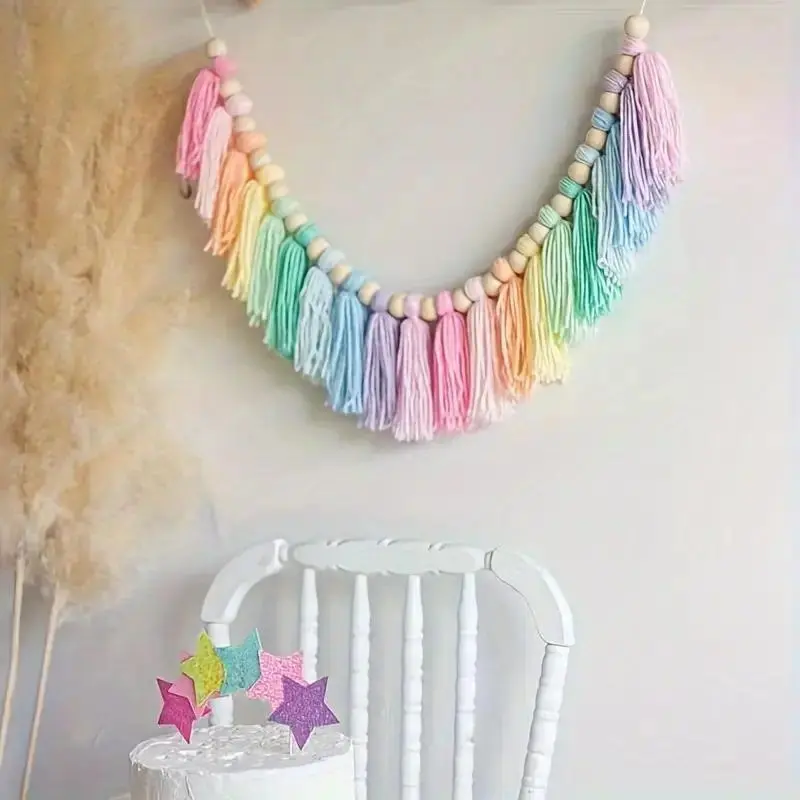 1pc Colorful Bohemian Rainbow Tassel Garland (10 Tassels), 1-Piece Handmade Wooden Bead Banner, Indoor Home Festival Party Wall Hanging Decoration for Festival Use