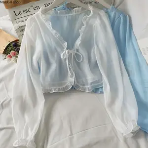 Women Sheer Cropped Cardigan with Ruffled V Neck Front Tie Closure Design, Puff Long Sleeve Chiffon Shrug Cover Up, Lightweight See-through Sun Protection Outerwear, Ideal for Beach Bikini Matching, Summer Outdoor Travel and Daily Casual Layered Outfits