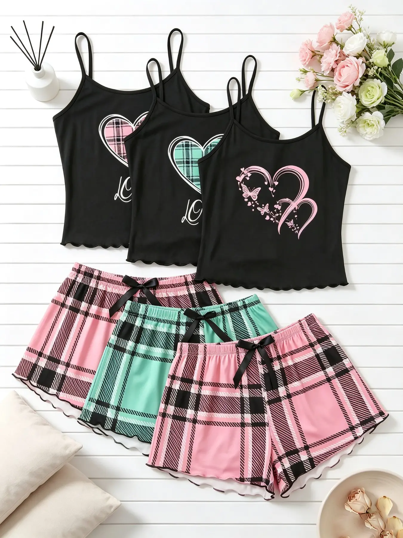 Women's Lingerie Sleepwear 6 Pack Value Matching Set Plaid Heart Bow Butterfly Print Summer Spaghetti Strap Lettuce Ruffle Hem Contrast Trim Soft Breathable Lightweight Stretchy Cami Top Shorts Home Lounge Casual Daily Wear Multipack Sleep Set