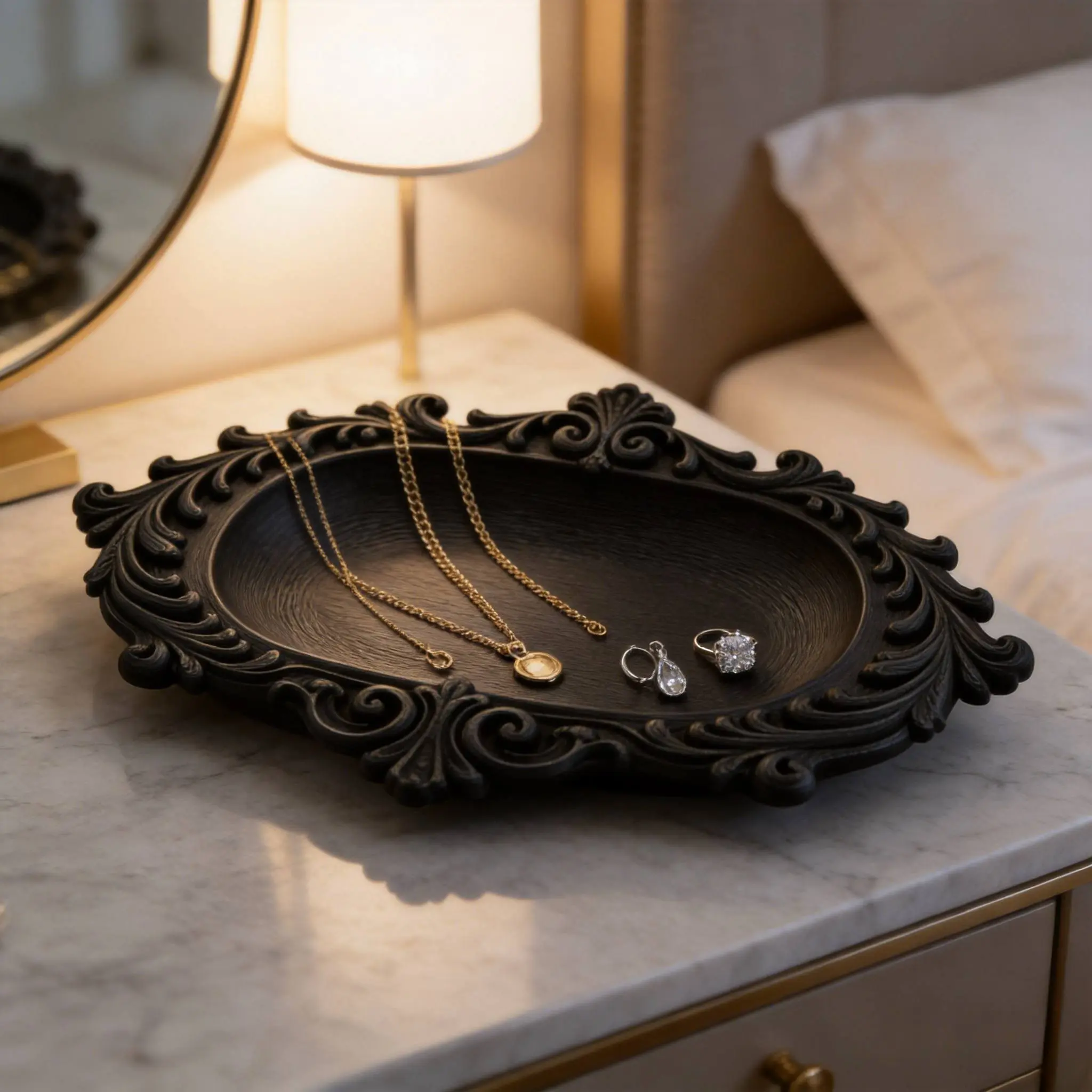Baroque Vintage Carved Tray, Gothic Entry Key Holder, Victorian Jewelry Display Dish, Candle Holder, Office Organizer, Photography Prop, Halloween Gift