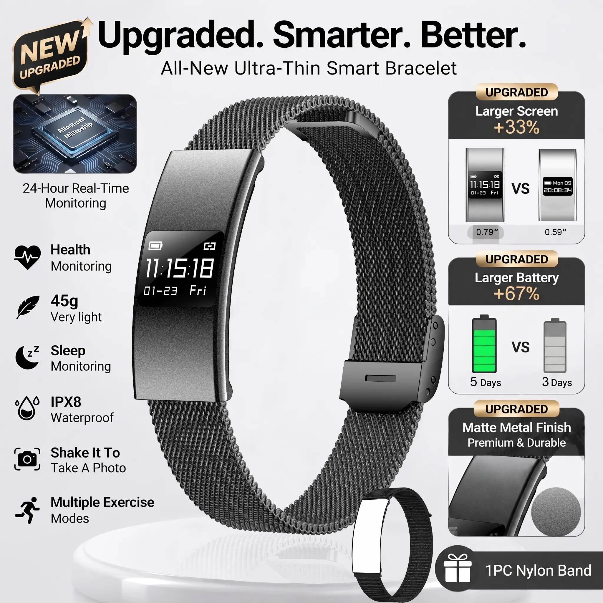 Ultra-Thin Smart Bracelet, Smart Watch for Men Women, 3.5mm Fitness Tracker Watch with Heart Rate, Sleep Tracking, IPX8 Waterproof, No Monthly Fee, Lightweight Activity Tracker for Women Men
