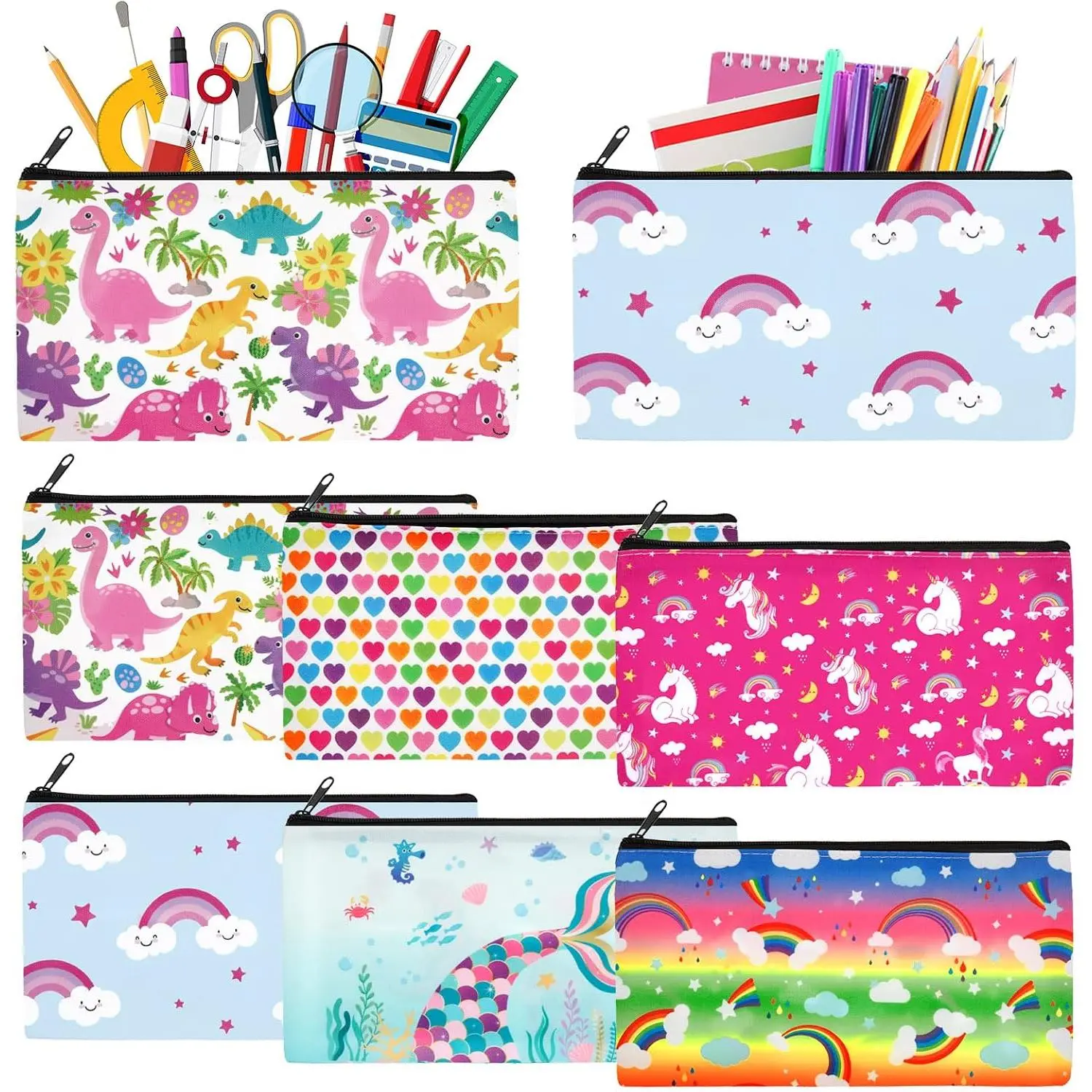 6 count Cartoon Zipper Pencil Case Pouch Dinosaur Unicorn Rainbow Bag |  to School , Cute Rainbow  Bag, Unicorn Pencil Case, Stationary Storage School