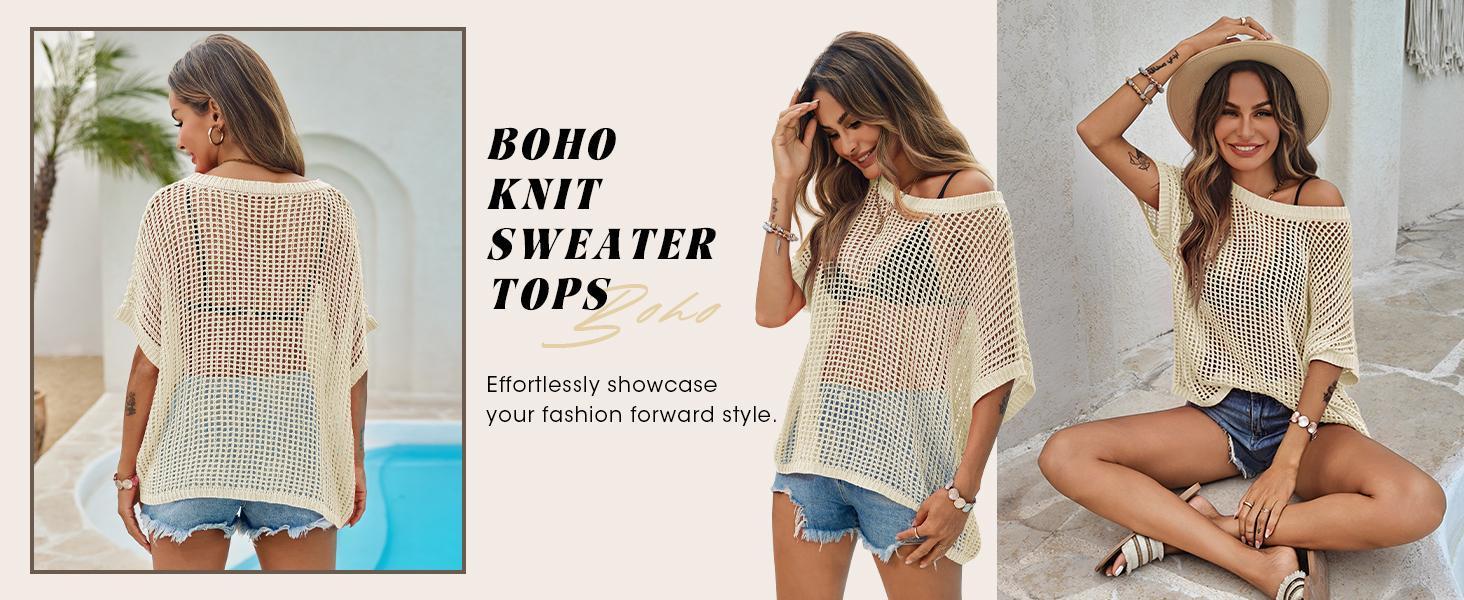 Beotyshow Womens Batwing Short Sleeve Crochet Sweater Tops Oversized Boat Neck Boho Knit Summer Beach Cover Ups