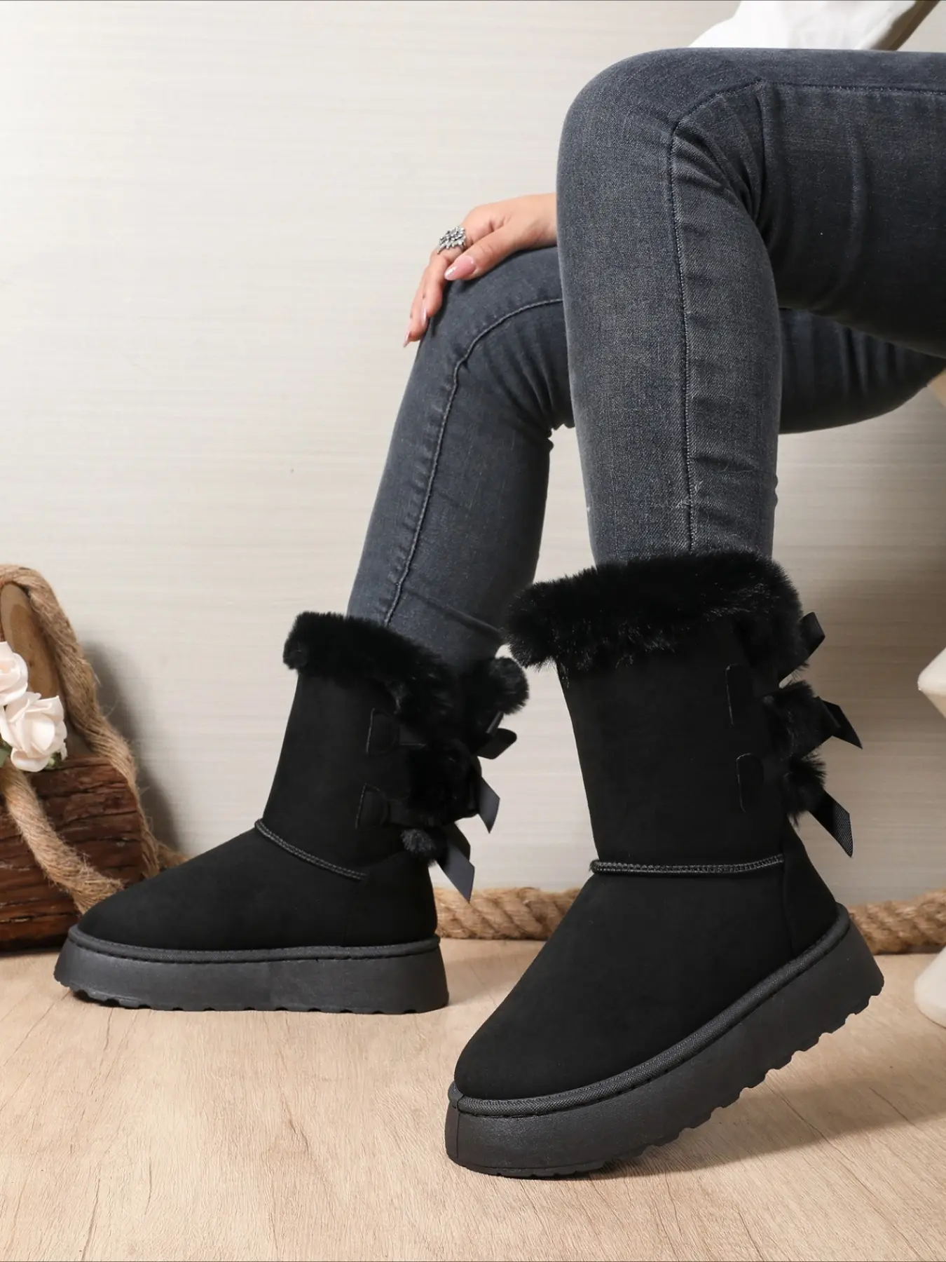 Round‑toe platform mid‑calf snow boots with fuzzy cuff and back bow decor, plush lined, sweet warm women winter boots