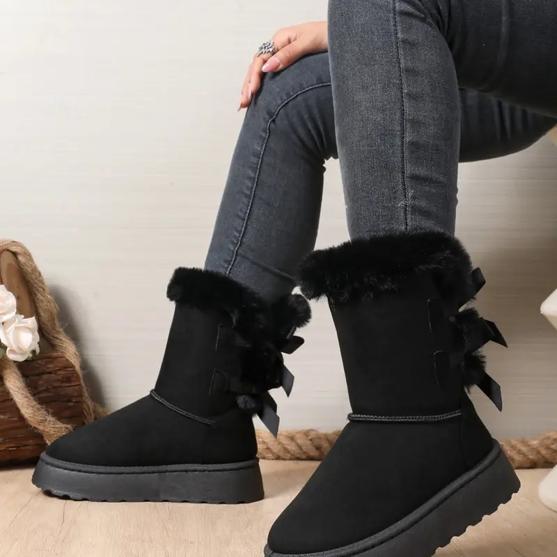 Round‑toe platform mid‑calf snow boots with fuzzy cuff and back bow decor, plush lined, sweet warm women winter boots, Furry Boots