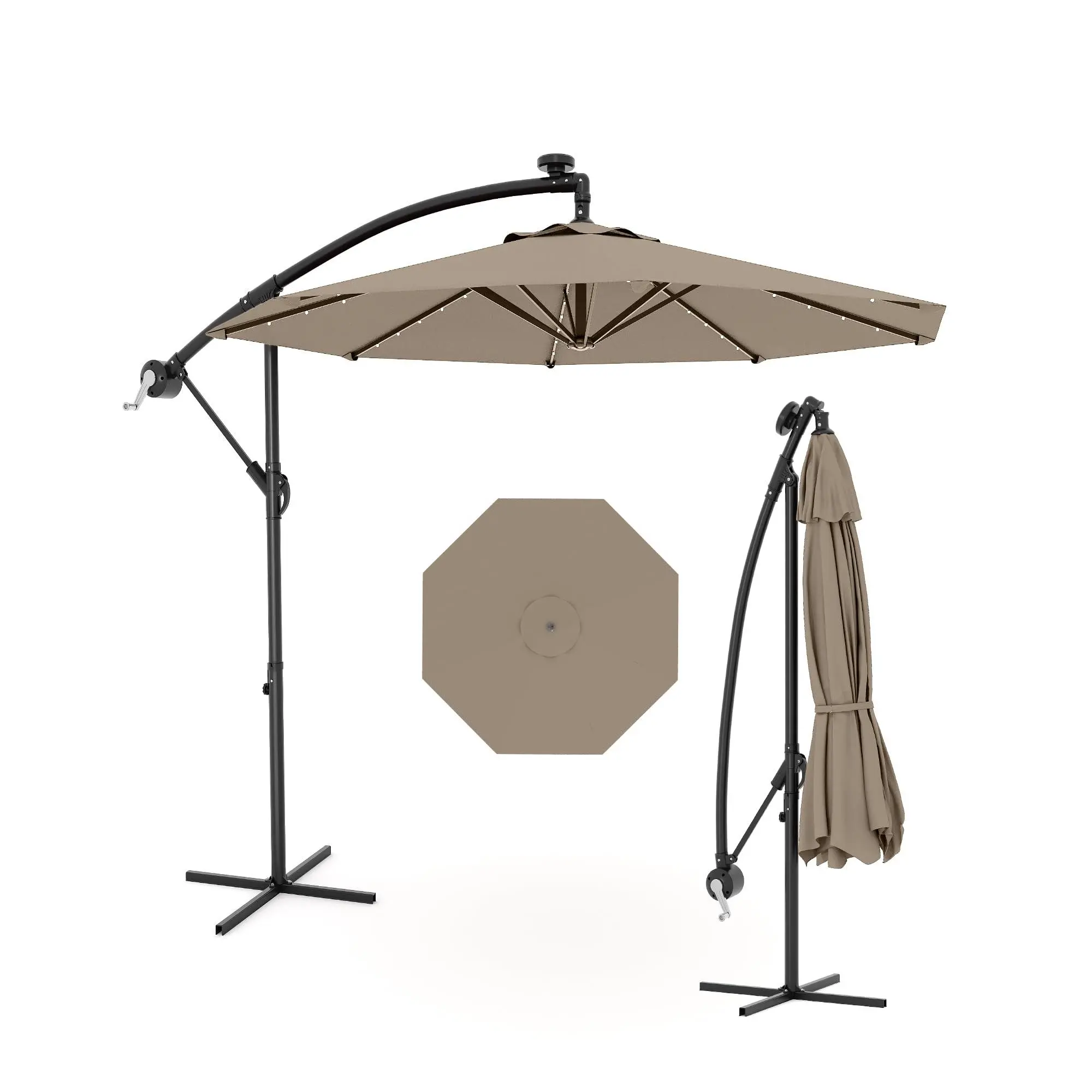 10FT Solar LED Offset Cantilever Umbrella with Crank Lift & Tilt, 8-Rib Design, 99% UV Protection, Fade-Resistant Fabric for Patio, Pool, Backyard Use