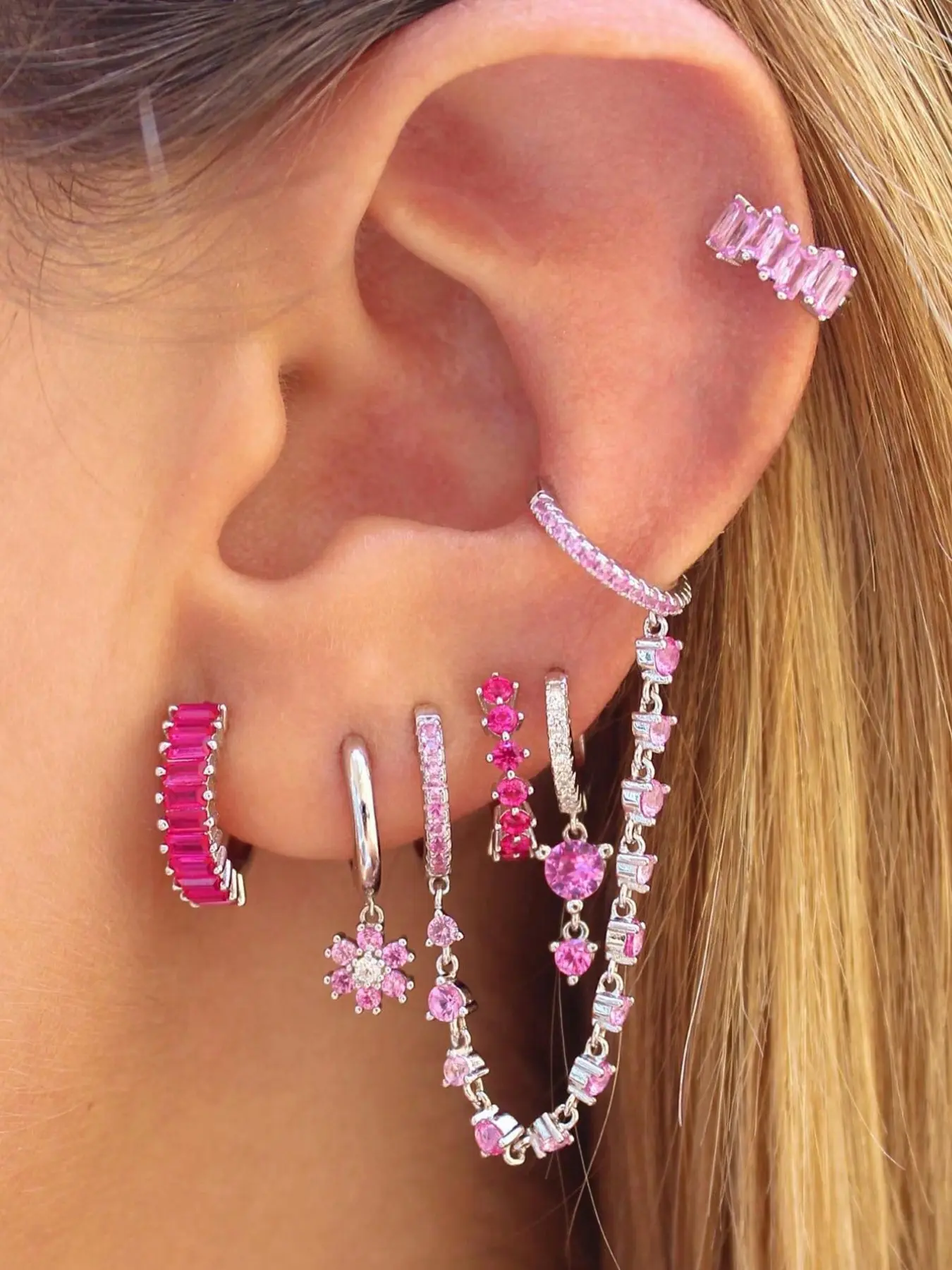 6Pcs Exquisite 24K Gold Plated Flower Drop Dangle Earrings Pack For Women Cubic Zirconia Hoop Earrings Set Pink Zircon Chain Earrings Stack Fashion Jewelry Gift Earring Stacks