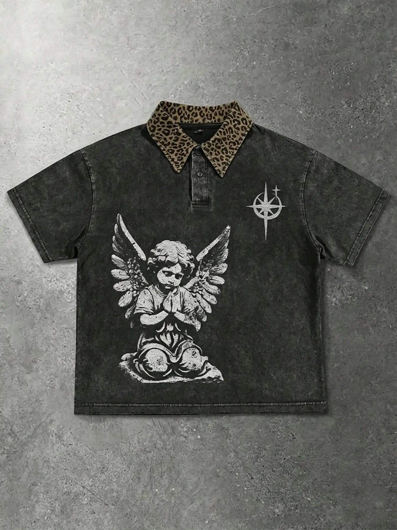Men's POLO shirt, made of cotton fabric, with a leopard print collar, angel praying cross star pattern, breathable and sweat-absorbing summer fabric, loose short design, youthful casual style