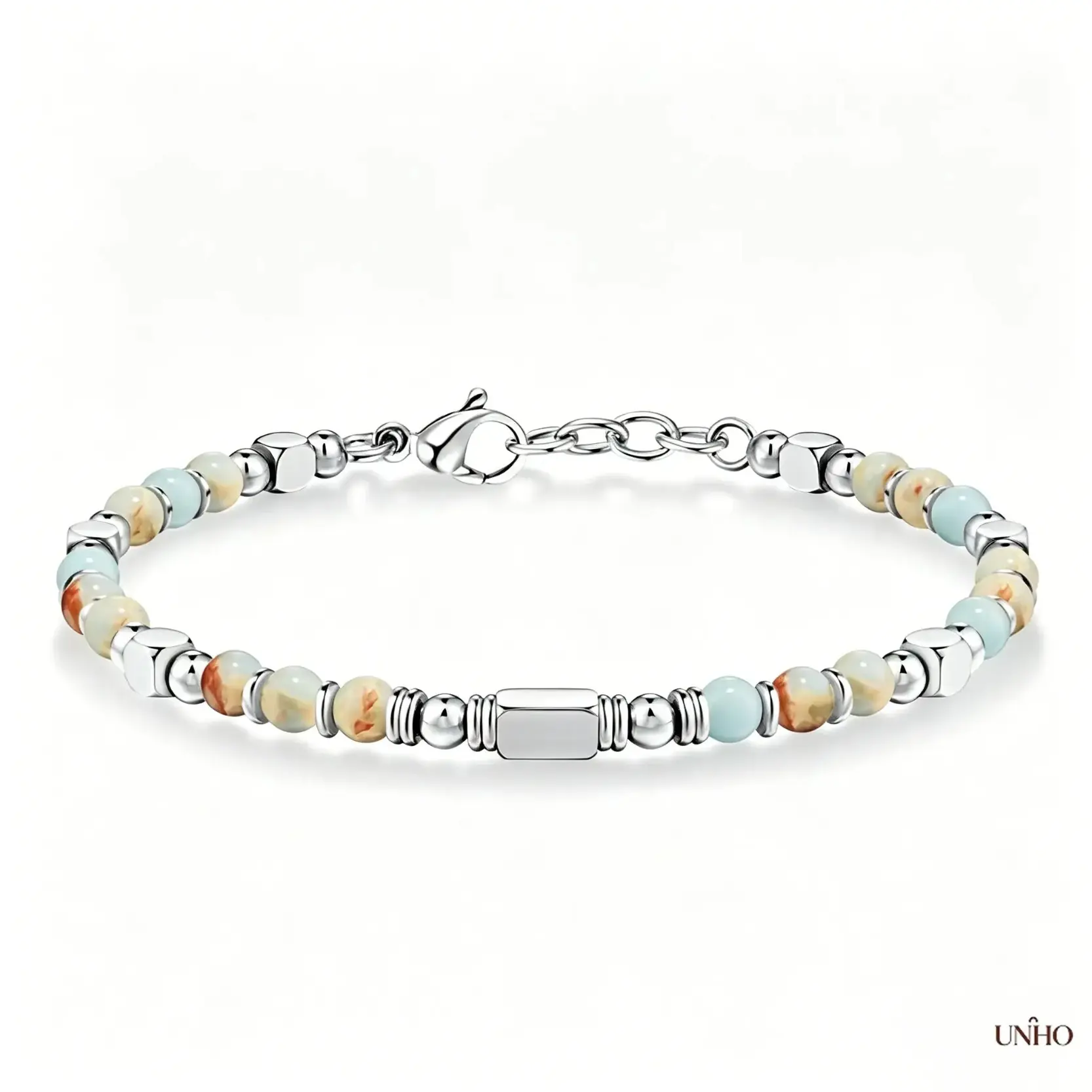 4MM Natural Stone Beaded Bracelets For Women Men, Premium Stainless Steel Strand With Blue Crystal Obsidian Tiger Eye Turquoise Stones, Calming Anxiety Relief Friendship Healing Jewelry, Unisex Stackable Versatile Wrist Accessory For Daily Stress Relief M