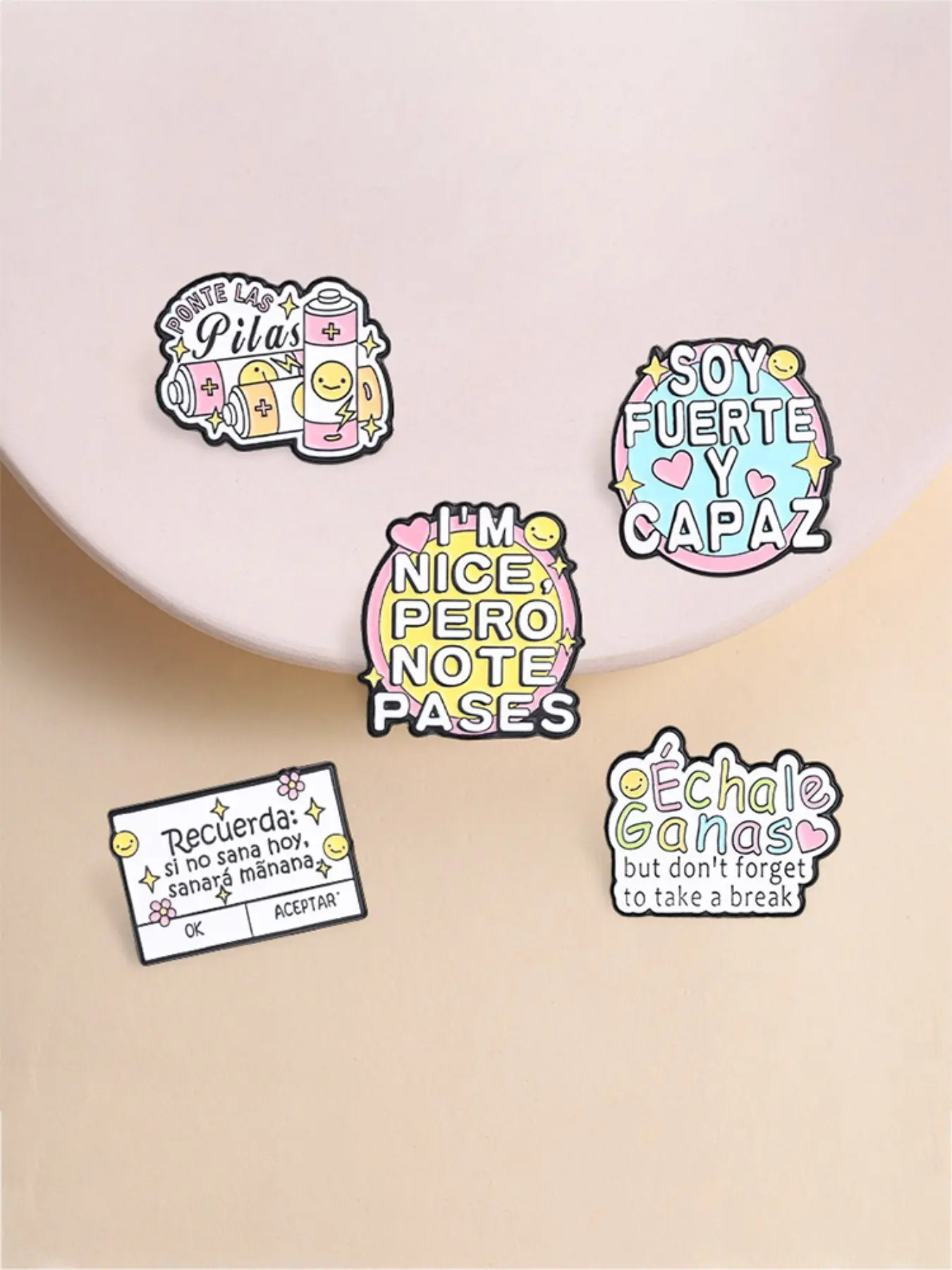 5-Piece Inspirational Spanish Quote Enamel Lapel Pins Brooch Set, Motivational Text Alloy Badge, Fashion Accessory for Backpacks and Lapels