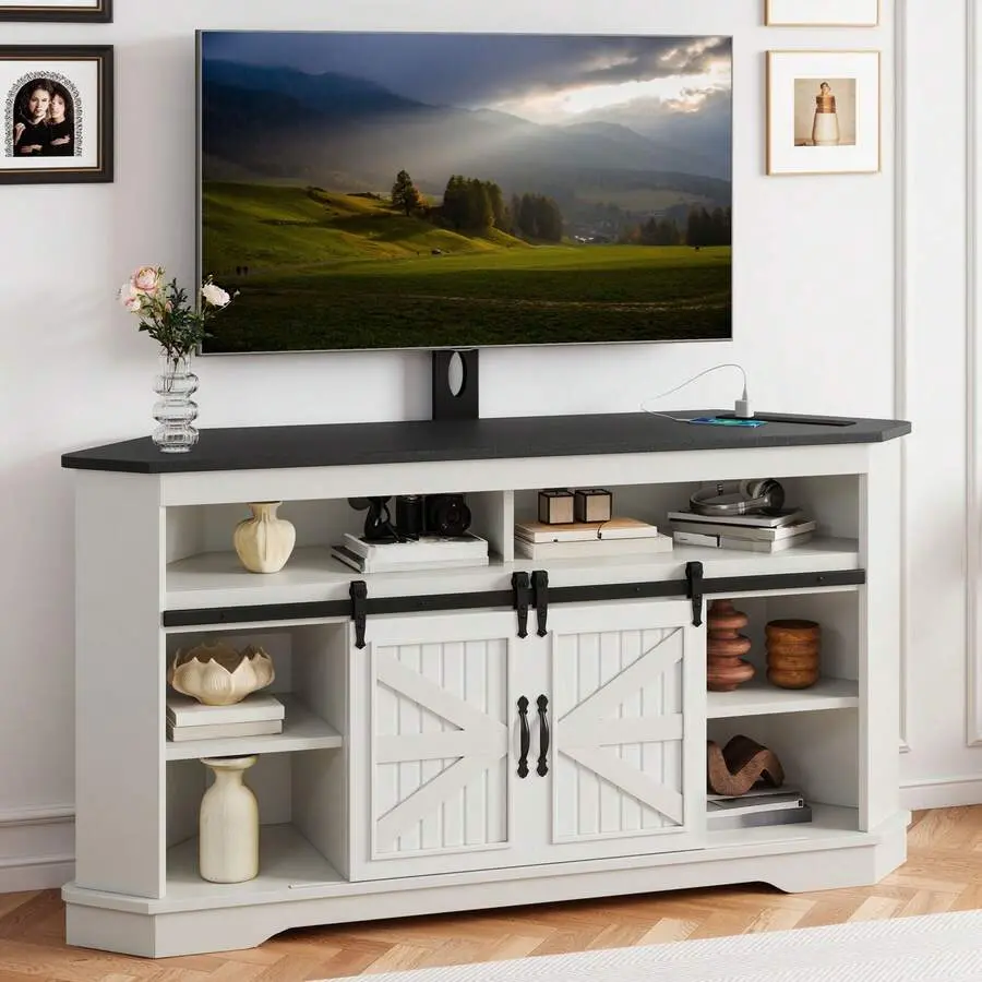 Corner TV Stand 50 Inch TV, Farmhouse Entertainment Center With Storage & Power Outlet, TV Console Cabinet And Barn Door Living Room, Grey Wash & Grey White