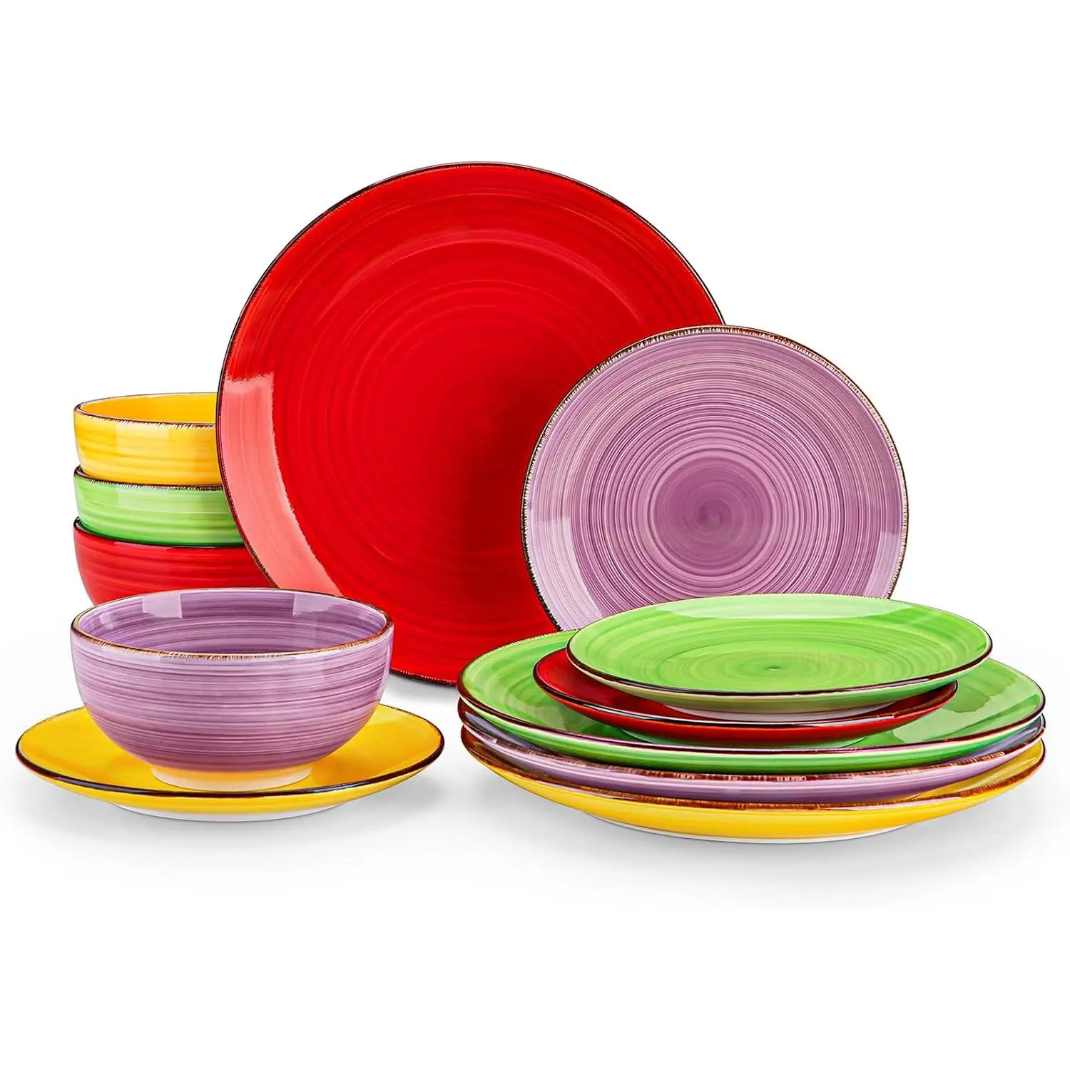 Bonita Dinnerware Set Muticolor Stoneware 12 count Service for 4, Handpainted Spirals  Stoneware Plates and Bowls Set