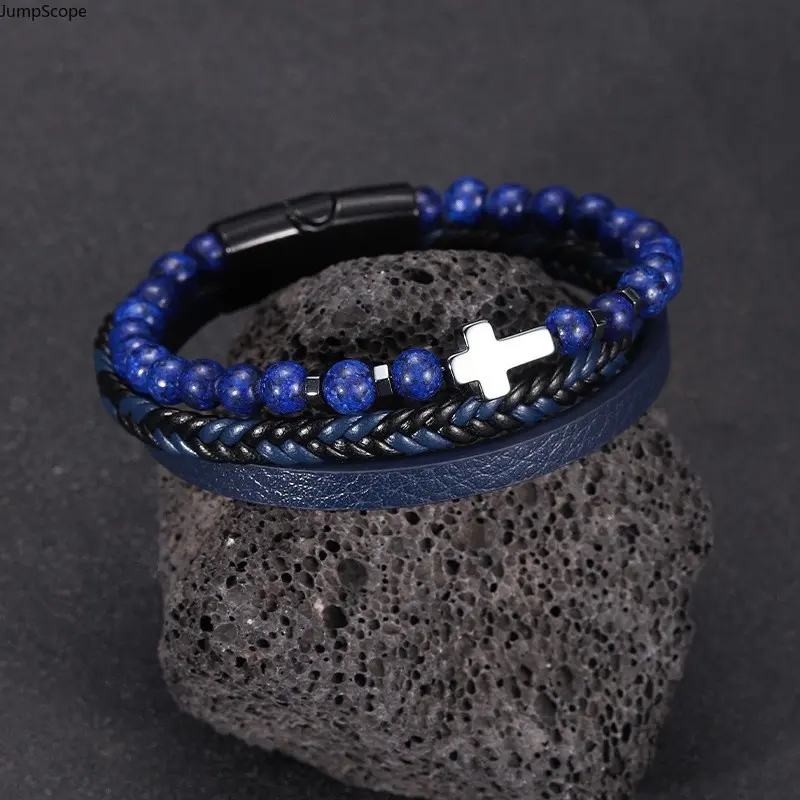 Braided Leather Bracelet for Men and Women, Multi-Layer Stackable Design with Natural Tiger Eye, Onyx & Lapis, Casual Religious Jewelry with Cross Charm and Magnetic Lock, Unisex