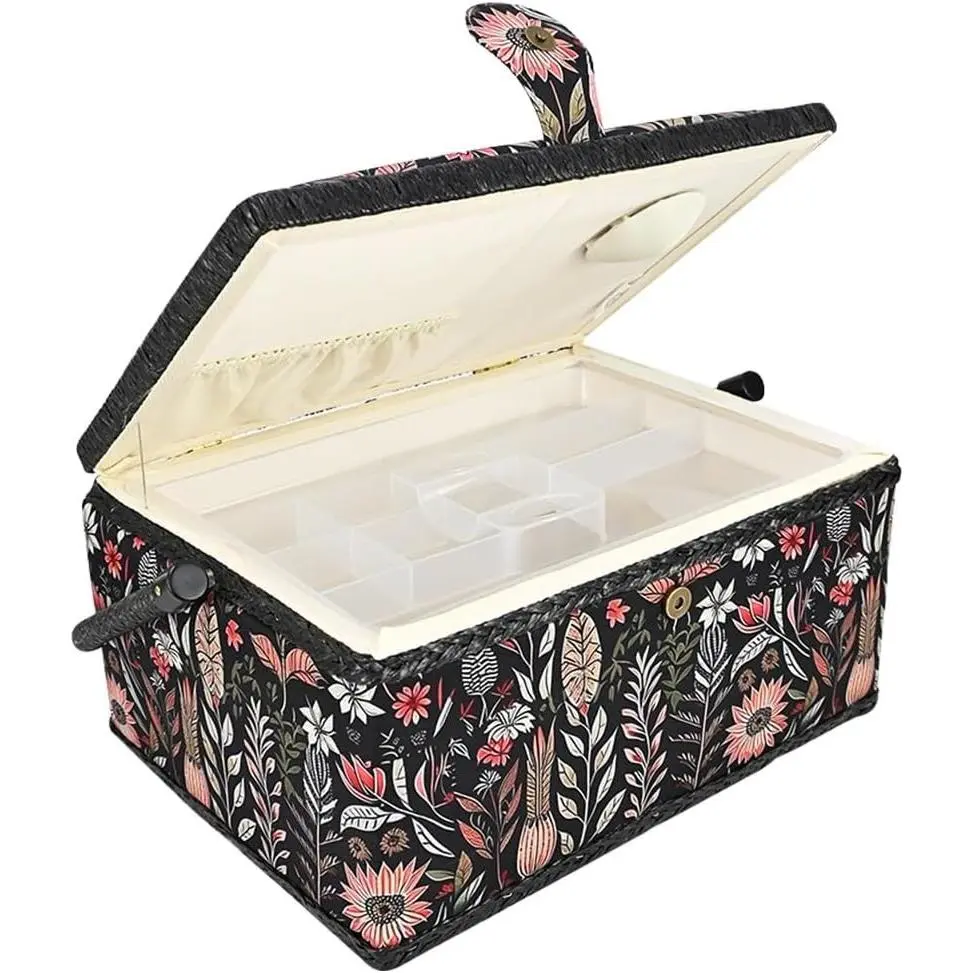 Vintage Black Print Wooden Sewing Basket Organizer, Empty Box With Removable Tray and Built-In Pin Cushion for Sewing Supplies, Suitable for Beginners and Experts