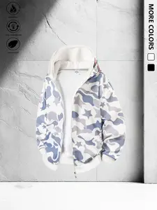 Unisex Camo Shark Zipper Embroidered Long Sleeve Hoodie, Fall Winter Fleece Sweatshirt, Casual Outdoor Pullover, Trendy All-Season Top, Casual Hooded Sweatshirt, Camouflage