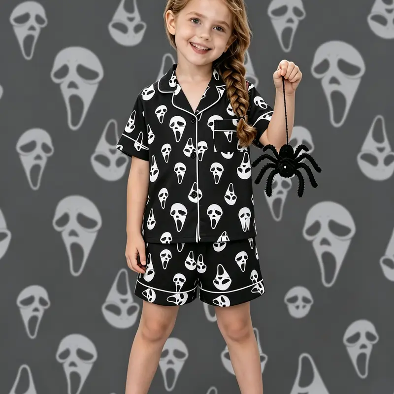 Halloween 2-Piece Kids Set: Black Base with Ghost Face Mask Print, Short Sleeve Shorts, Soft Comfort, Collar Design, Top with Small Pockets, Elastic Waistband, Home Daily Casual Kids' Sleepwear Set, Ghost Print Pajamas