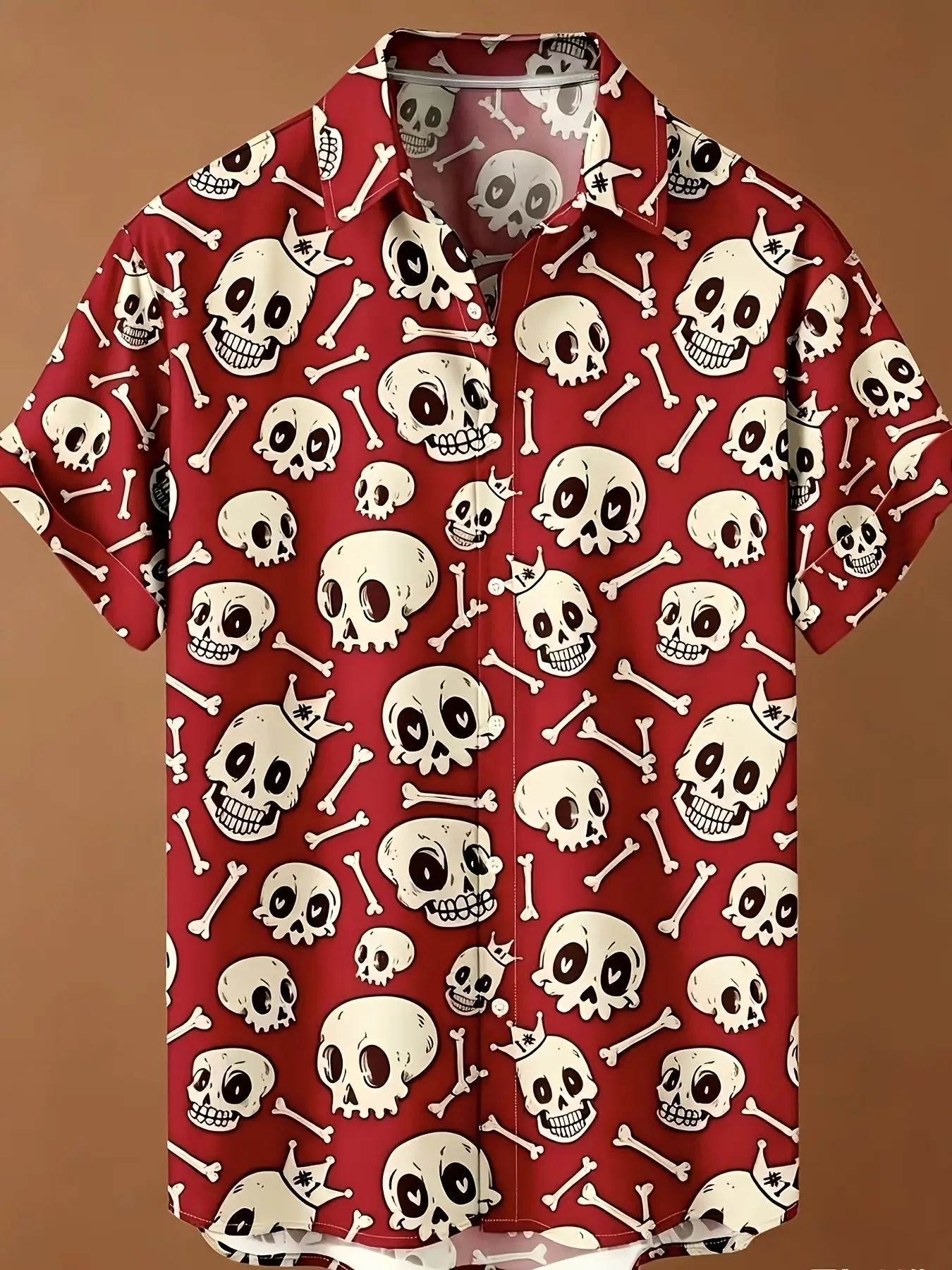 Men's Base Crown Cartoon Skull Full Print Cuban Collar Short Sleeve Shirt, Halloween Fun Loose Summer Vacation Open Front Shirt, Casual Summer Clothes, Casual Fashion Shirt