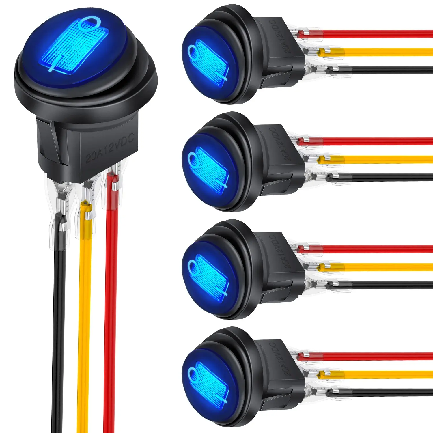 Nilight 5Pcs Waterproof Round Rocker Toggle Blue LED Wired On/Off SPST Switch, 12V 20A 3 Pin, Vehicle Accessories for Car Truck Marine Automotive RV with Locked Terminal Wires