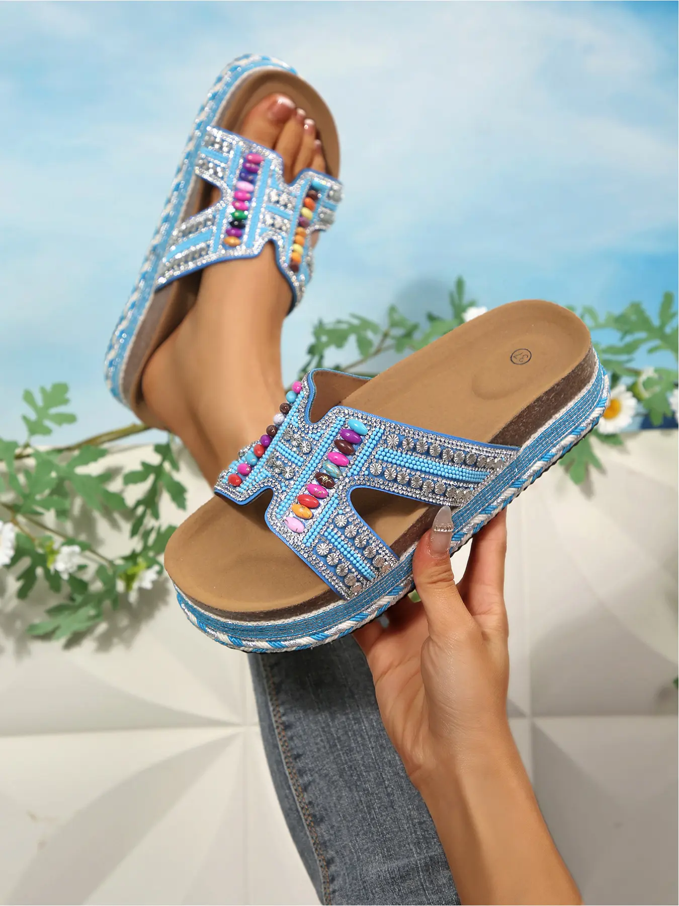 Vintage Boho Style Multicolored Beads Rhinestone Hollow Out Platform Slide Bohemian Trendy Sandals for Women Open Toe Non-Slip Wrapped Edge Chunky Sole Outdoor Vacation Summer Slippers Purple Black White Orange Pink Blue Available