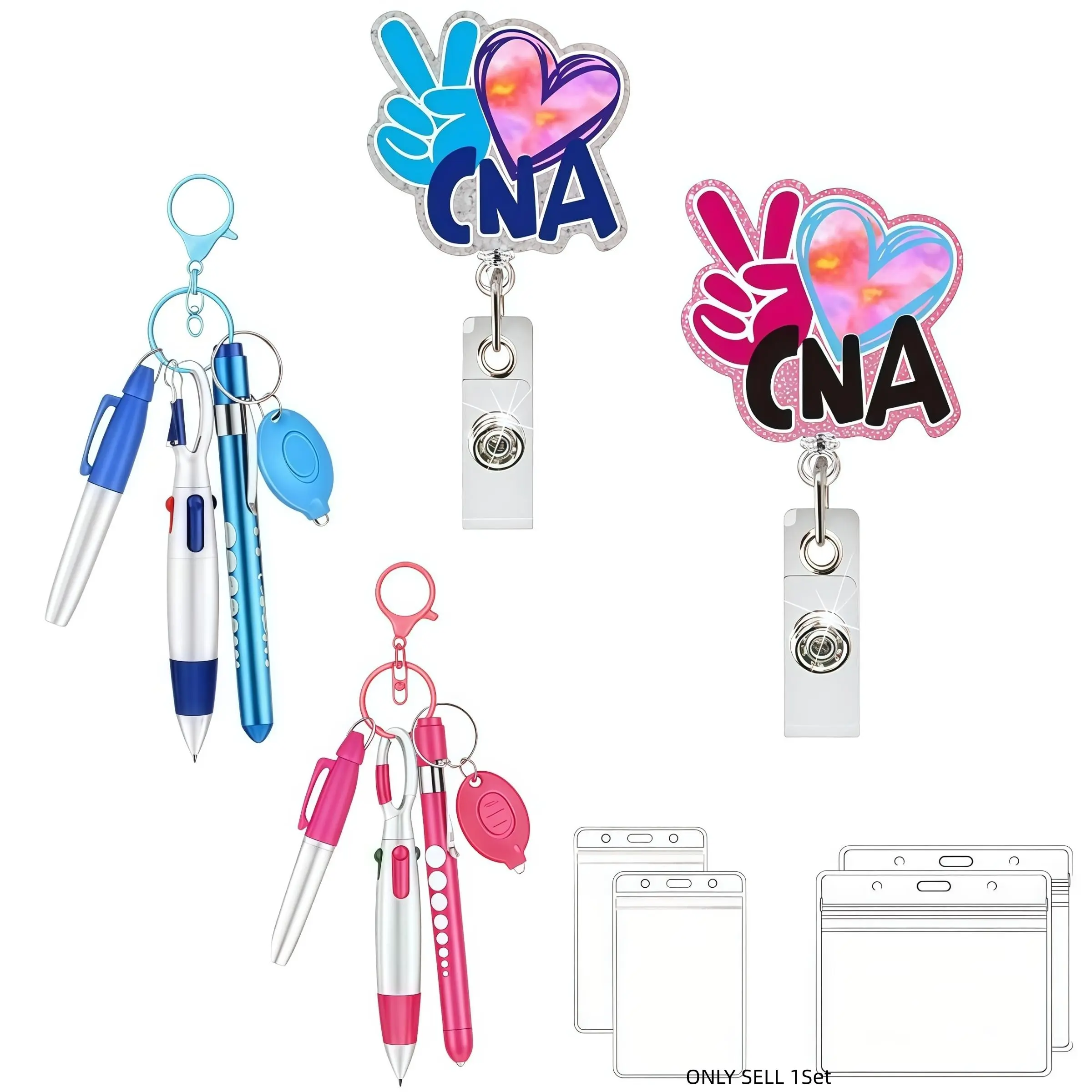 Cna Theme Badge with Retractable Lanyard and Clip, Includes Pen, Marker, Eld Light, and Water Card Holder, Fun and Stylish Nurse ID Clip Gift for Office Workers, Lanyards with ID Holder, Id Badge Holders Retractable, Office Supplies