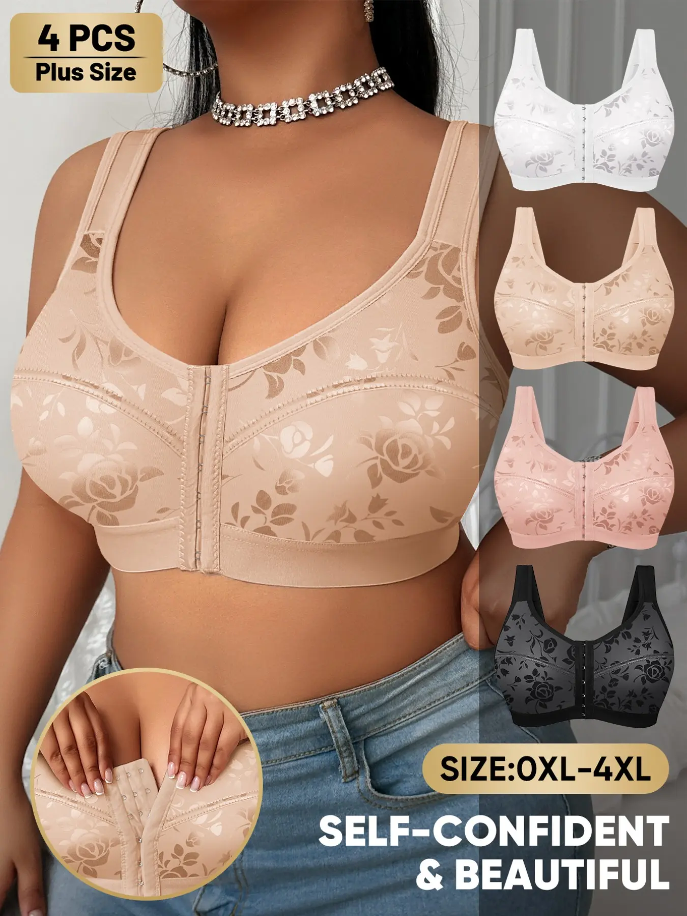 4-Pack Plus Size Everyday Wireless Bras, Sexy Lace Front Buckle Design, Full Coverage Medium Support, Casual Plain Bra for All Seasons