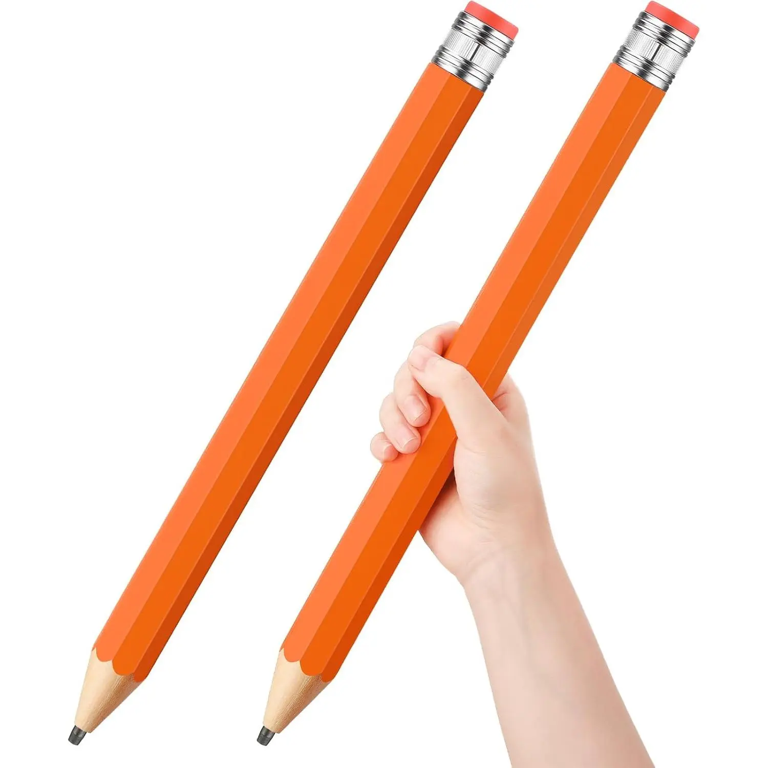 2-Count 16-Inch Giant Wooden Pencils with Cap Erasers, Large Pencils with Hexagon Shape & Wooden Body, Fun Novelty School Gifts for Students Age 3+, Office Prop Decor (Orange)