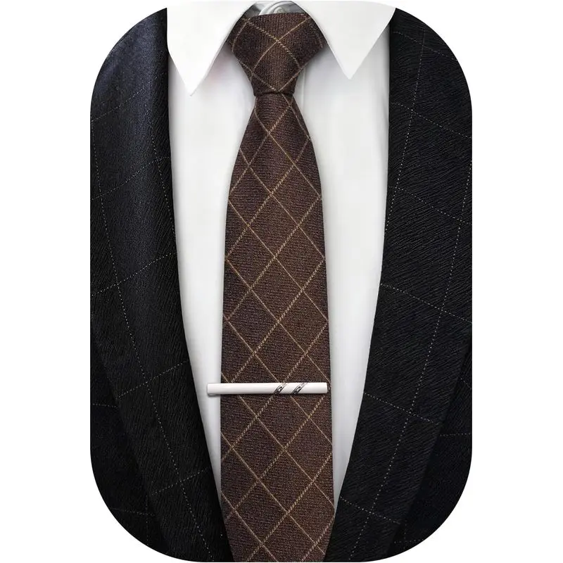 Men's Plaid Cotton Wool Blend Necktie, 2.76" Skinny Design with Tie Clip Set for Business Casual & Formal Male Wear, Business Casual Outfits, Plaid Stripes, Comfortable Fabric, 2.76 Inches, Classic And Versatile Design