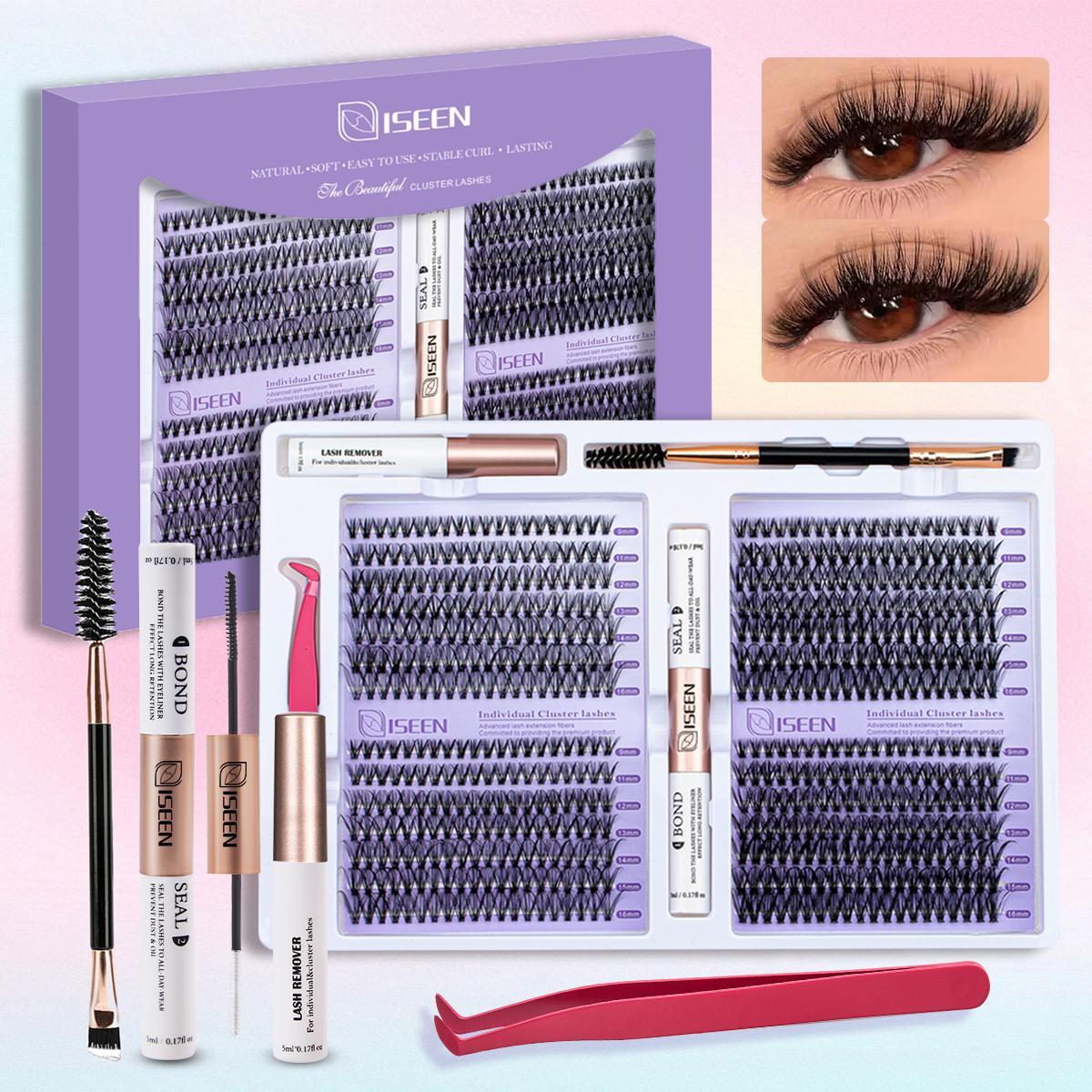 False Eyelashes Kit, 1 Set D Curl Eyelash Clusters, Fluffy Eyelash Clusters with Eyelash Glue, Remover, Brush & Tweezers, Eyelash Extension Kit for Women & Girls, Volumized False Eyelashes