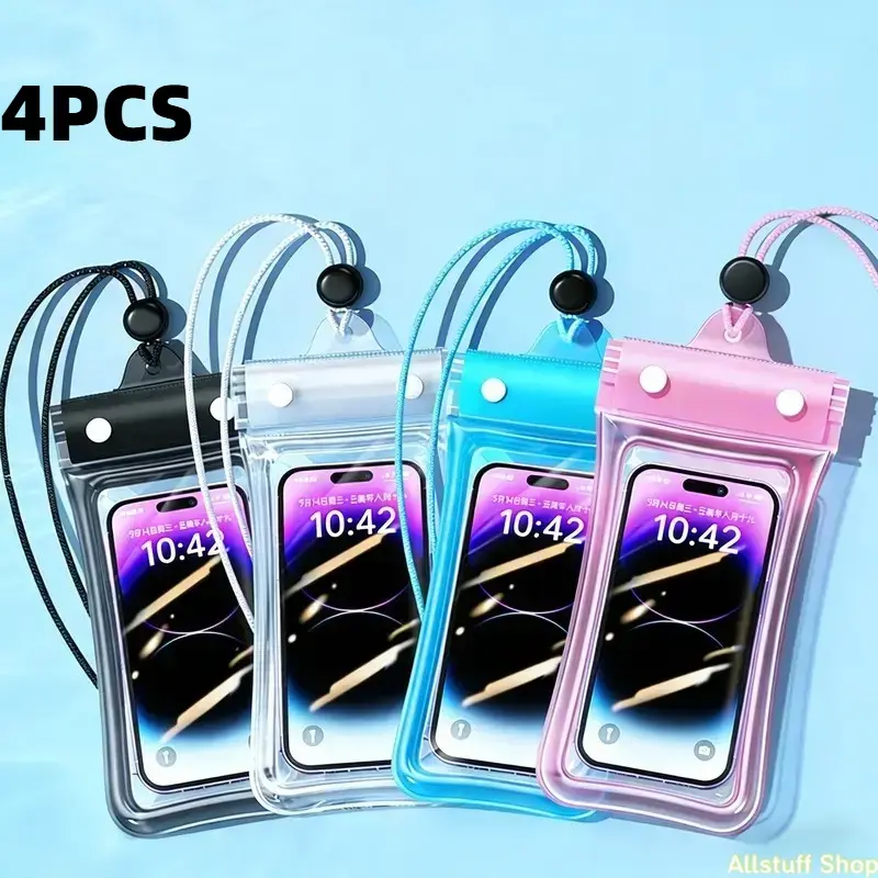 4-Pack Floating Waterproof Phone Pouch, Universal PVC Cellphone Case with Adjustable Lanyard, IPX8 Touch-Sensitive for Smartphones up to 6.7 Inches, Smartphone, Protector, Handheld, Devices, Casing, Water Sports, Plastic, Airbag, Ipx8 Rated, Portable, Pvc