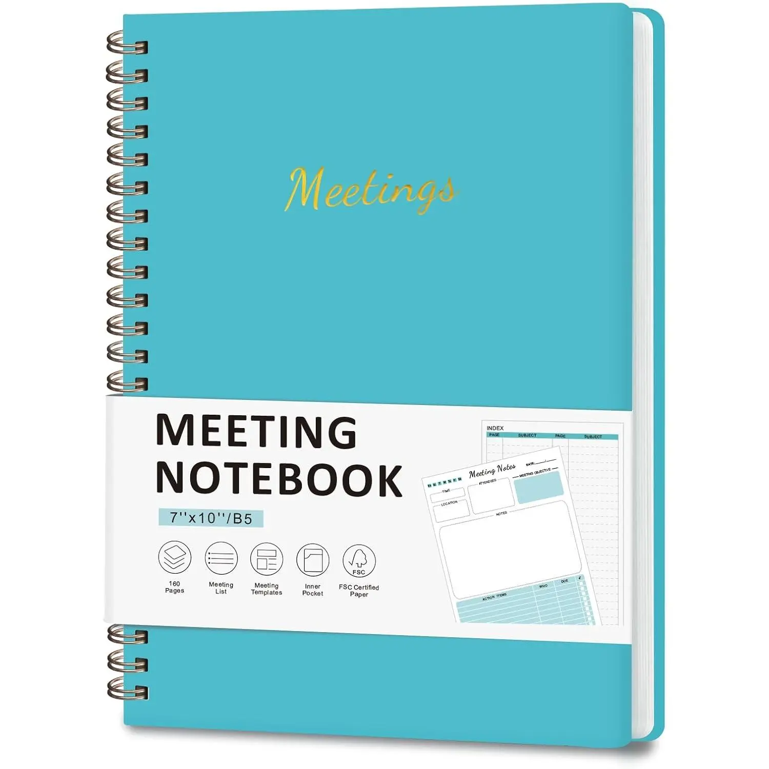 Meeting Notebook for Work Organization, Work Planner Notebook with Action Items, Project Agenda Planner for Note Taking, 160 Pages (6.9" X 9.9"),  Office School Business Supplies for Women & Men(Blue)