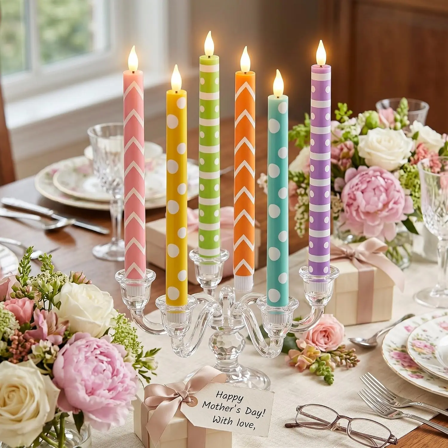 6 count Easter Flameless Taper Candles 10.6 Inch | Colorful Geometric Candles  Operated LED Candlesticks for Spring Summer Dinner Table  Party Decor