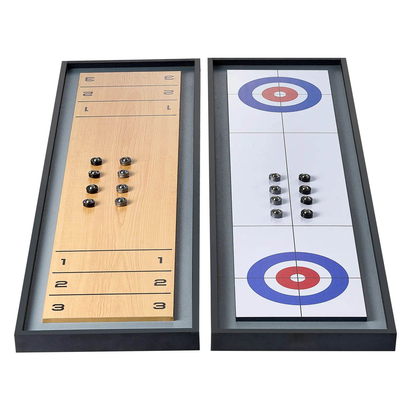 Shuffleboard and Curling 2 in 1 Board Games, 45" Portable Tabletop Set, Two Sided Tabletop Shuffleboard with 8 Rolling Pucks, Shuffleboard and Curling Combo Game Set for Kids and Family