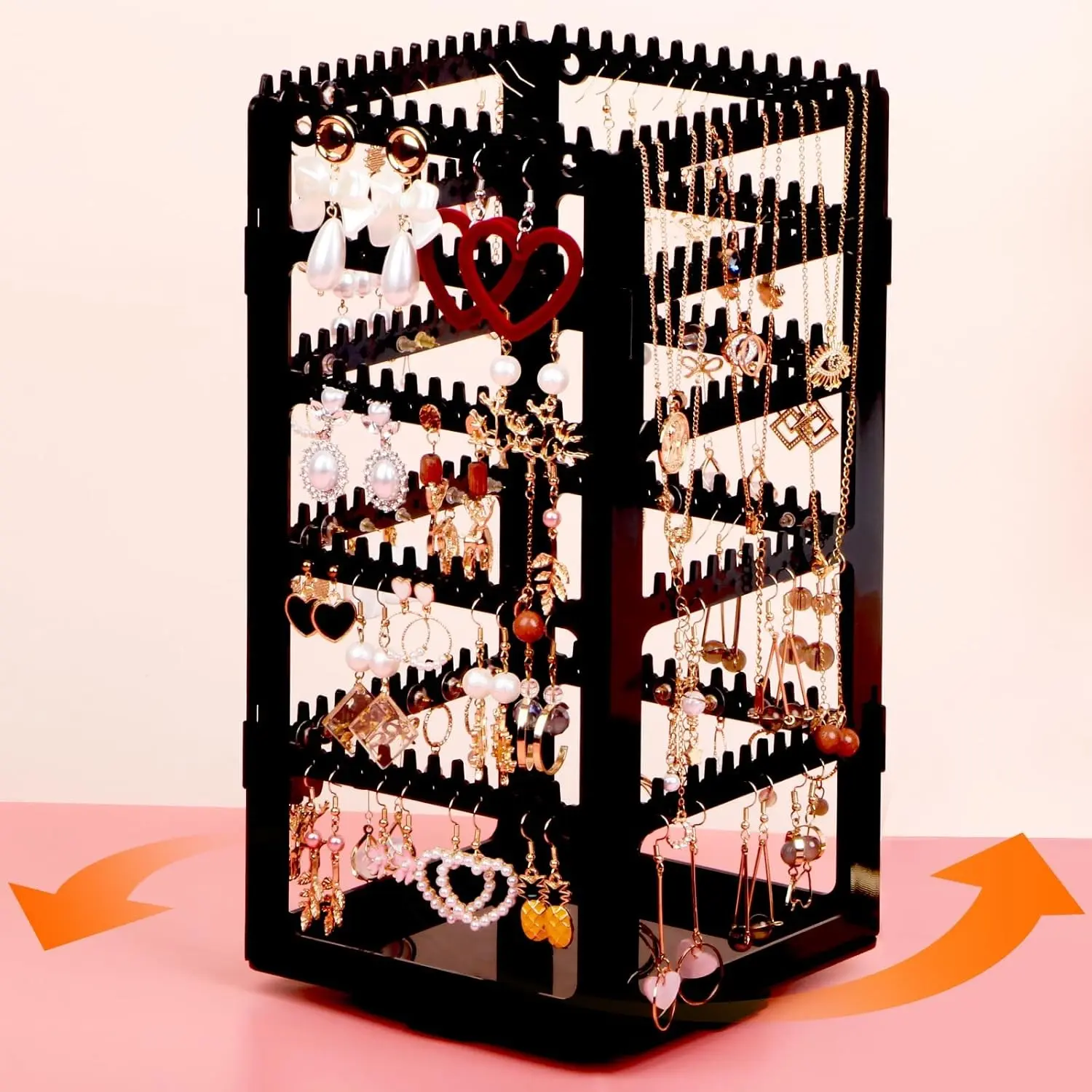 Women's 5-Layer Acrylic Rotating Jewelry Organizer Stand - 360° Rotating Stand with 212 Grooved Holes & Grooves for Studs, Dangly Earrings, Chains