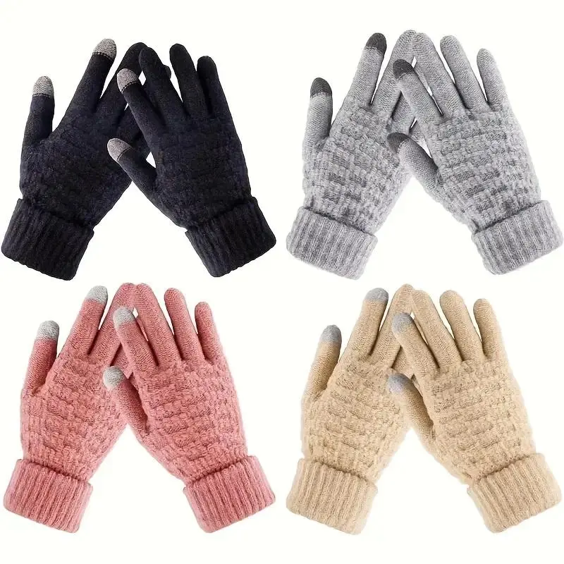 Warm Touchscreen Knitted Full Finger Gloves 4-Pack Unisex Set, Cold Weather Casual Winter Mittens, Fashion Hand Warmers Great For Outdoor Walking, Driving & Everyday Styling tiktokshopbacktoschool