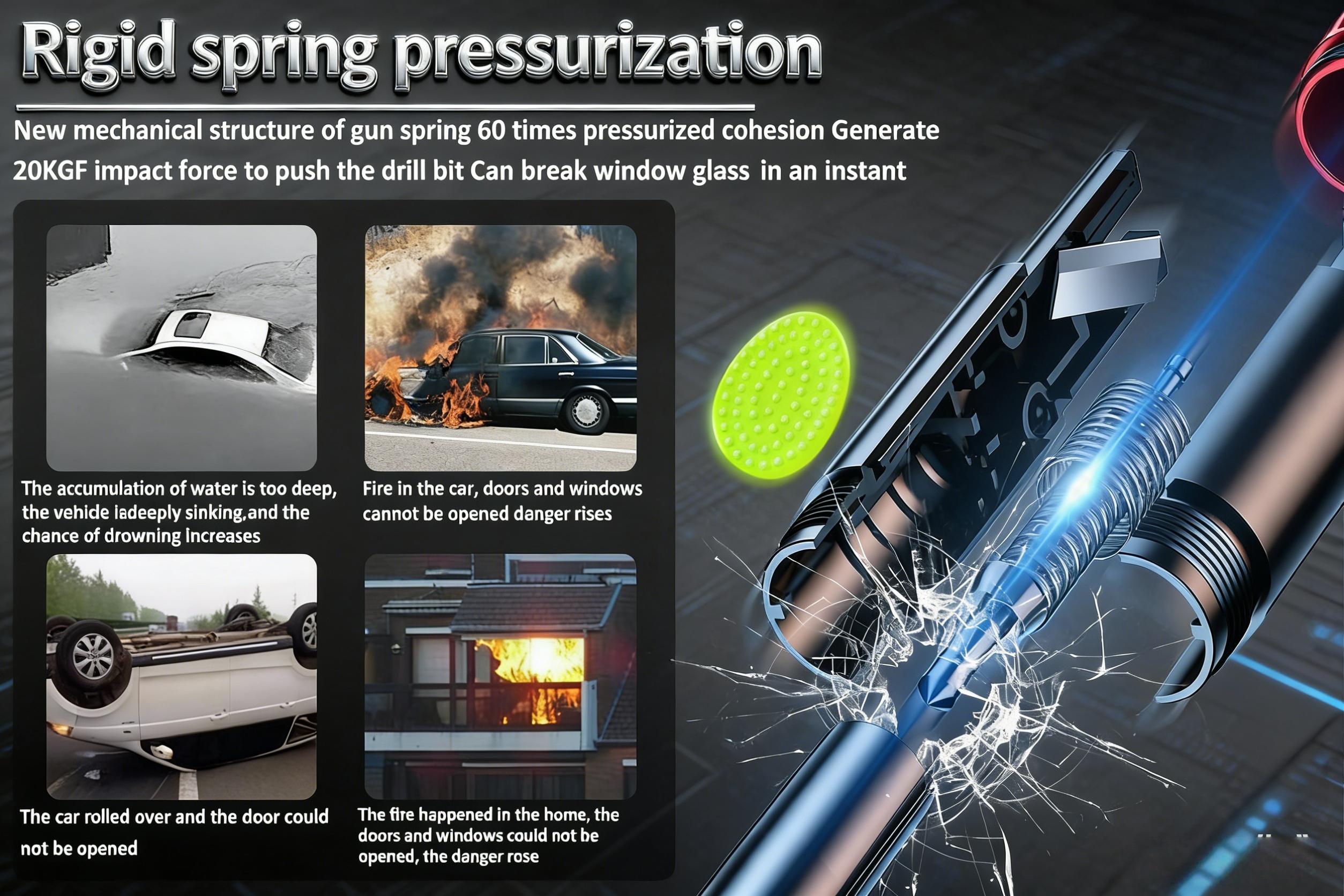 Vehicle Emergency Escape Tool with Concealed Glass Breaker and Seatbelt Cutter, Functional Underwater, Mini Safety Hammer for Car Survival