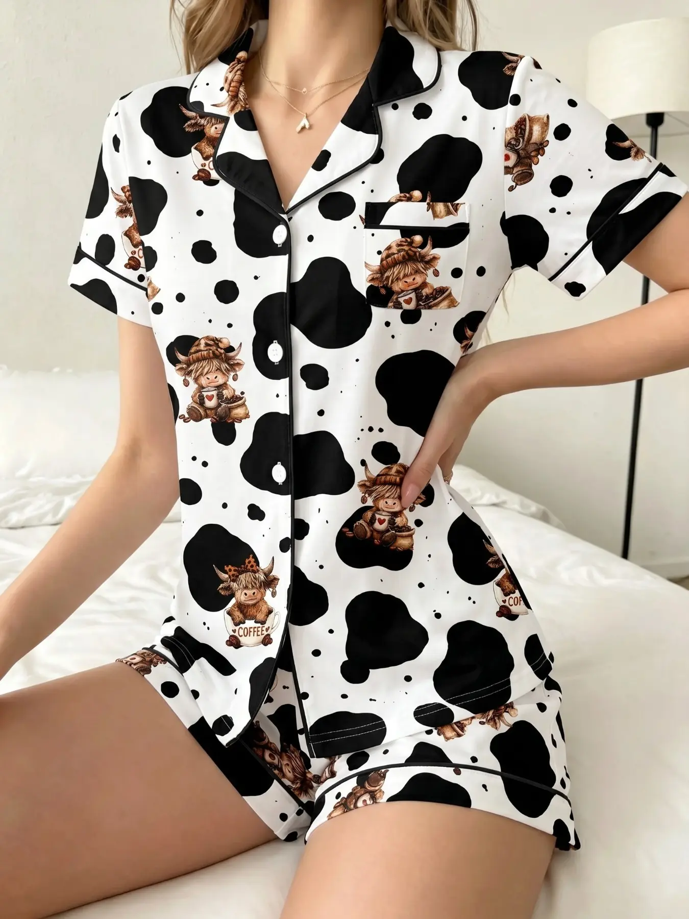 Women's Pajama Set, Comfy Pajamas, Loungewear, Pjs, Homewear, Coffee High Cow Pattern, Print, Comfortable Nightwear, Soft Fabric, Casual Style, Loose-Fitting, Short Sleeve, Above Knee
