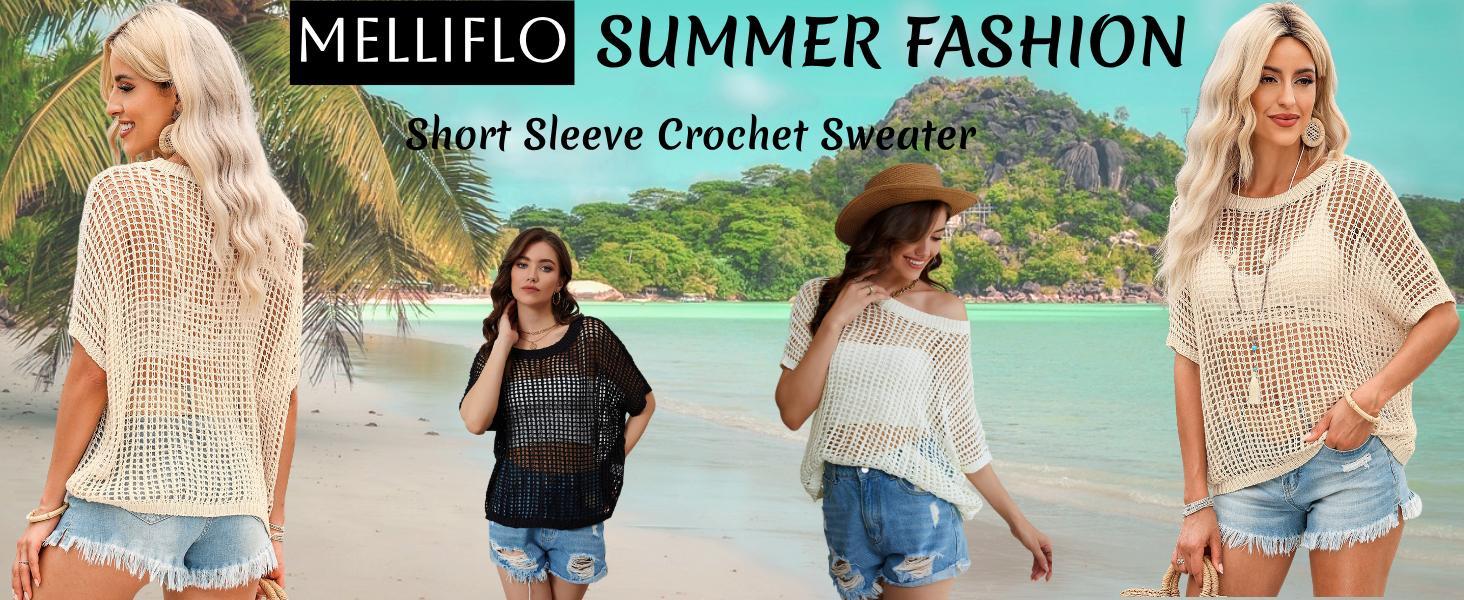 Womens Fashion Sweater Casual Off The Shoulder Short Sleeve Hollow Out Sweater Pullover Knit Tops