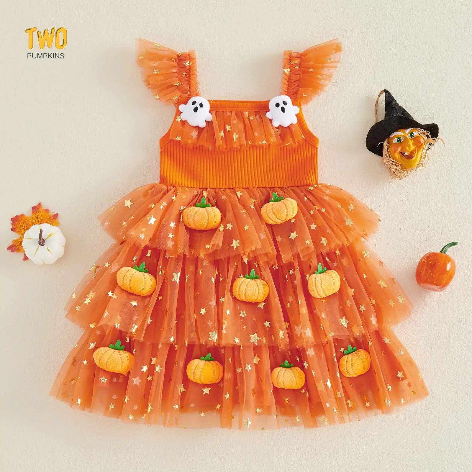 Little Girl Halloween Dress Flying Sleeve Square Neck 3D Stuffed Pumpkin/Ghost Decor A Line Tiered Tulle Dress