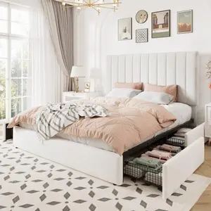 Full/Queen/King Size Storage Bed Frame, Vertical Channel Tufted Adjustable Headboard, Velvet Upholstered Platform Bed With 4 Oversized Underbed Drawers, Wooden Slats Support, No Box Spring Needed, White