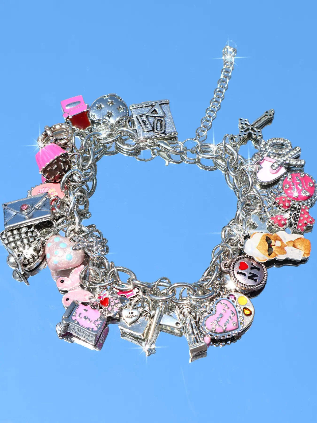 Vintage Heart Cross Charm Bracelet, Bikini Cake Bag Bracelet, Cherry Blossom Letter Bracelet, Unique Jewelry Accessory, Letter Link Bracelet